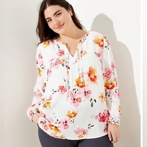 LOFT White Blossom Shirred Split Neck Blouse Size S